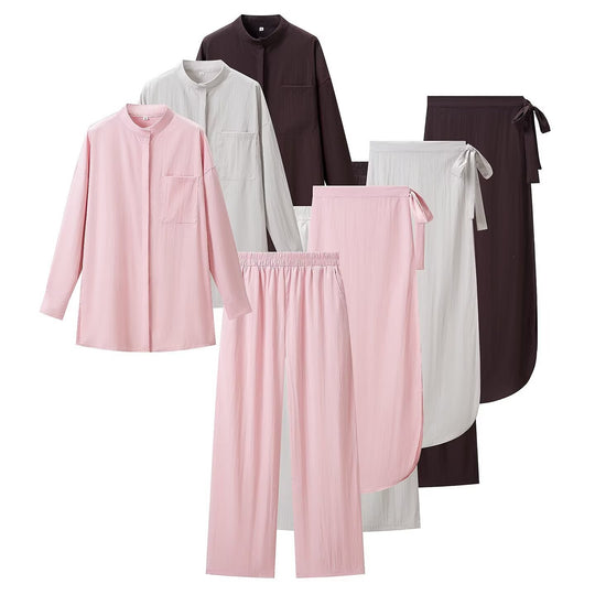 Damen Dreiteiliges Loungewear-Set mit Stehkragen-Hemd, Elastischer Palazzo-Hose und Wickelrock Shop Nory