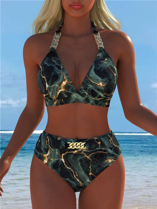 Damen Bikini mit luxuriösem Marmormuster und edlen Details
