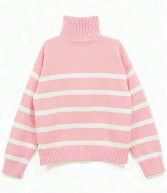 Damen Gestreifter Halb-Reißverschluss Strickpullover mit Rippenkragen Shop Nory