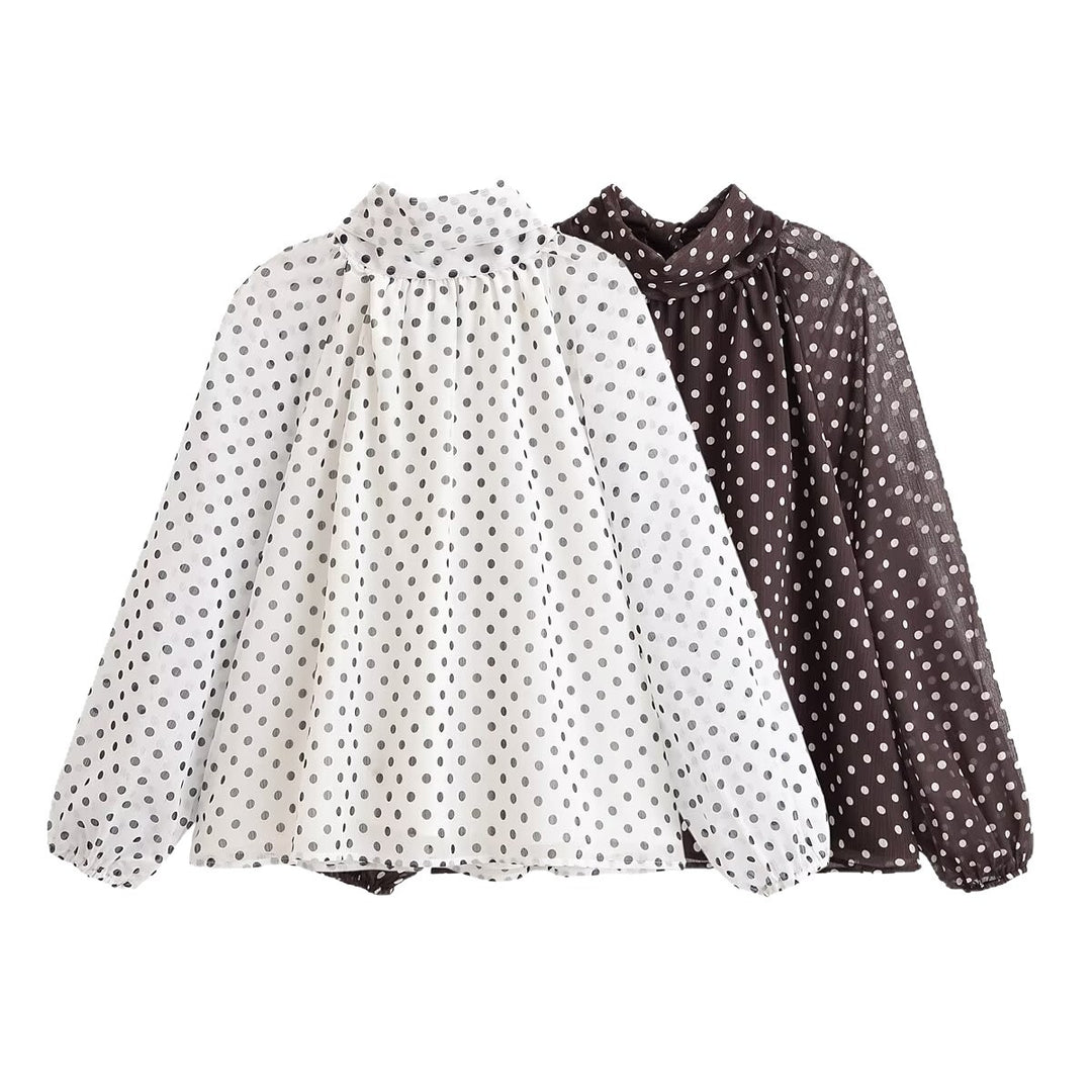 Damen Leichte Chiffonbluse mit Stehkragen, Volumenärmeln und Polka-Dot-Print Shop Nory