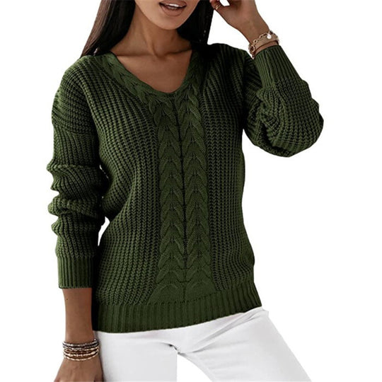 Damen nan grob gestrickter V-Ausschnitt Pullover mit Zopfmuster und lockerer Silhouette Shop Nory
