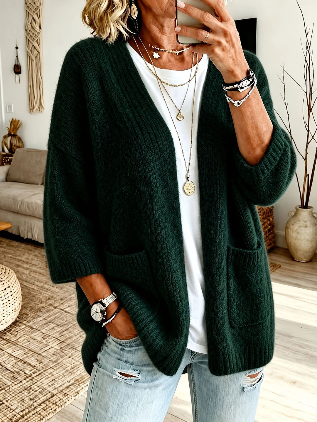 Damen Offener Longcardigan im Mohair-Look mit aufgesetzten Taschen und überschnittener Schulter Shop Nory