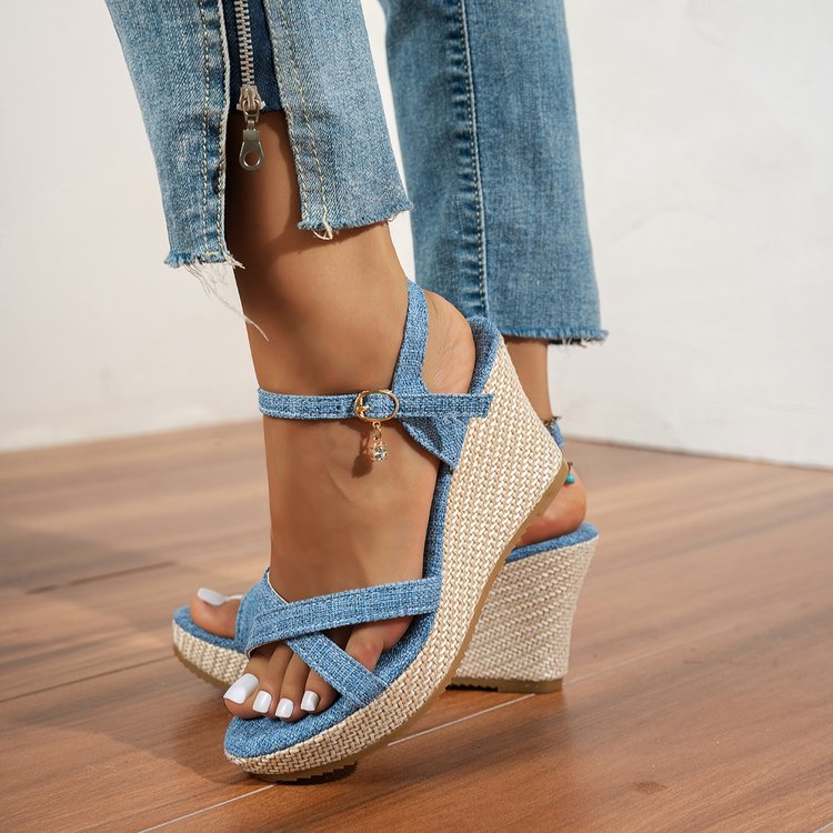 Damen Wedge-Sandalen mit bedruckter Korksohle und verstellbarem Riemendesign