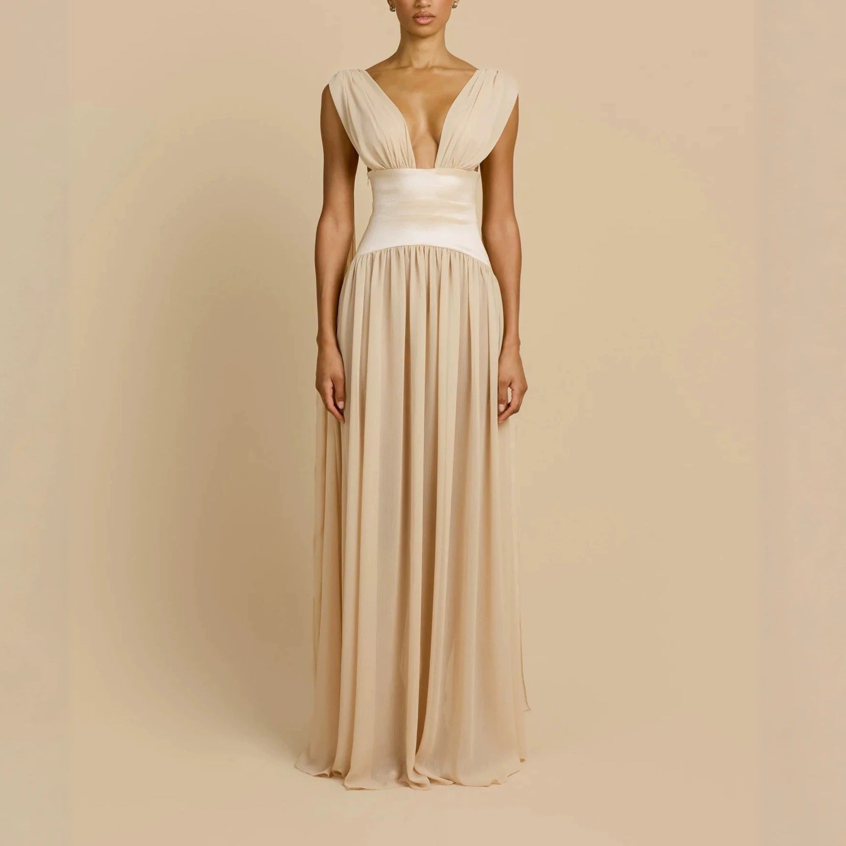 Damen Elegantes Langarm-Maxikleid mit tiefem V-Ausschnitt