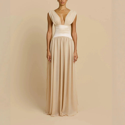 Damen Elegantes Langarm-Maxikleid mit tiefem V-Ausschnitt
