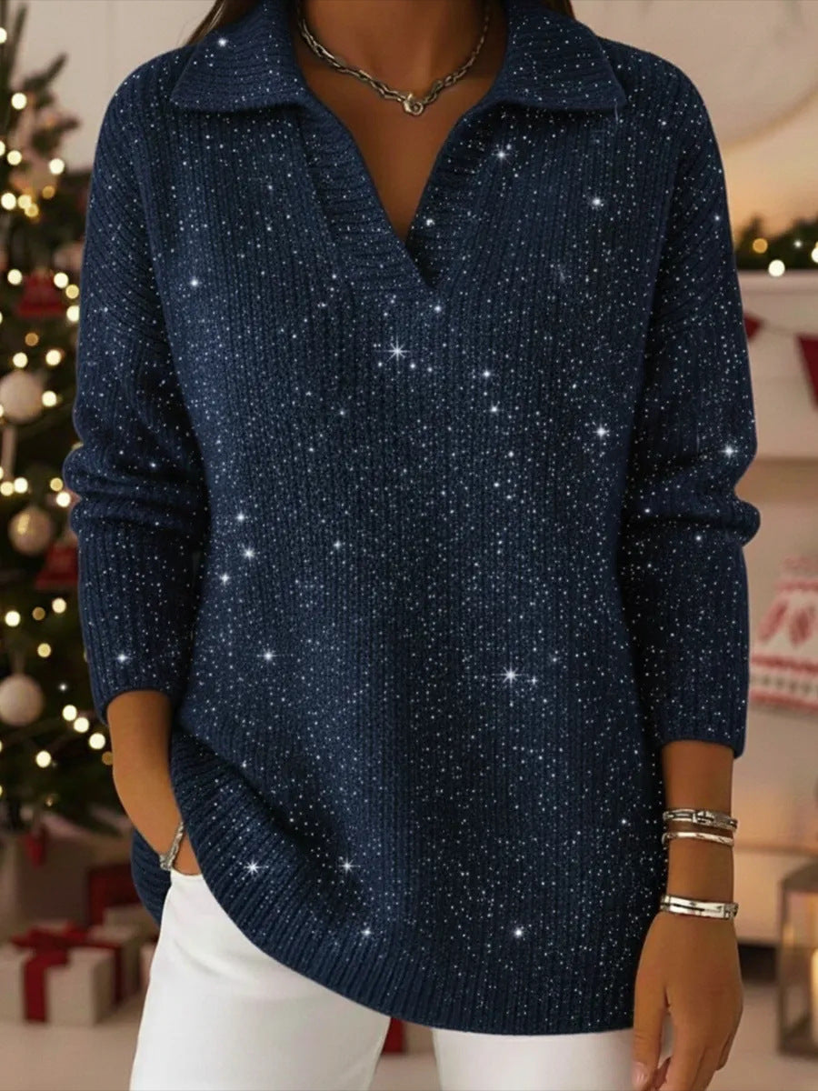 Damen Eleganter V-Pullover mit glänzenden Akzenten