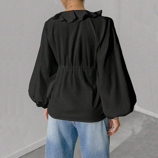 Damen lässige Rüschenbluse mit V‑Ausschnitt, Bindebändern und weiten Ballonärmeln Shop Nory