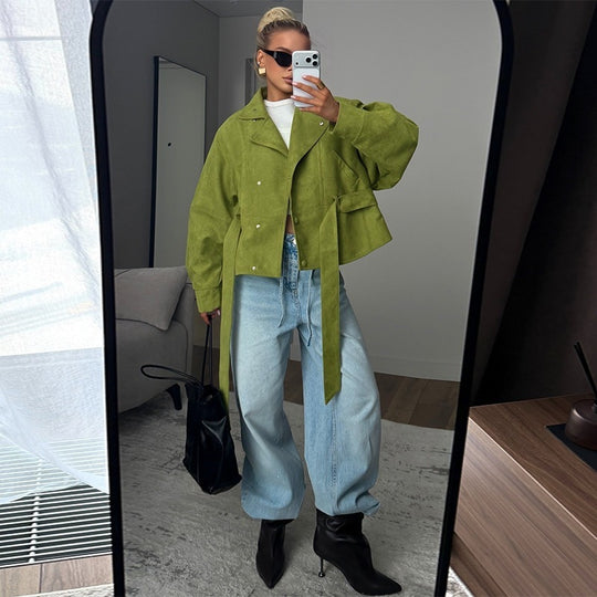 Damen Taillierte Kurzjacke in Velourslederoptik mit weitem Ärmel und Bindegürtel Shop Nory