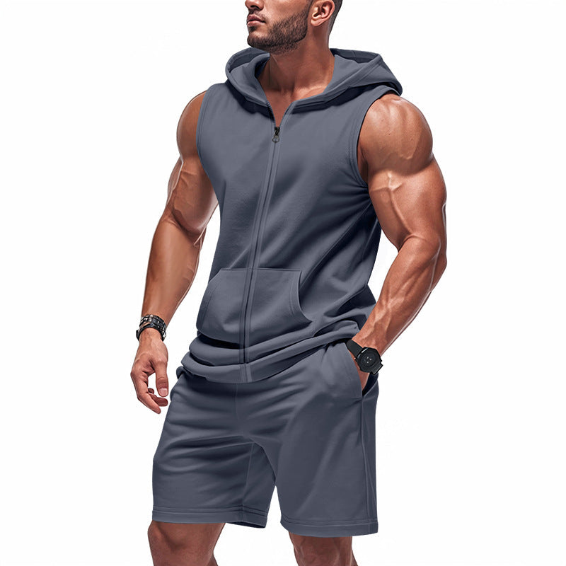 Herren nan sportliches Kapuzen-Set mit ärmelloser Sweatjacke, durchgehendem Reißverschluss und Trainingsshorts