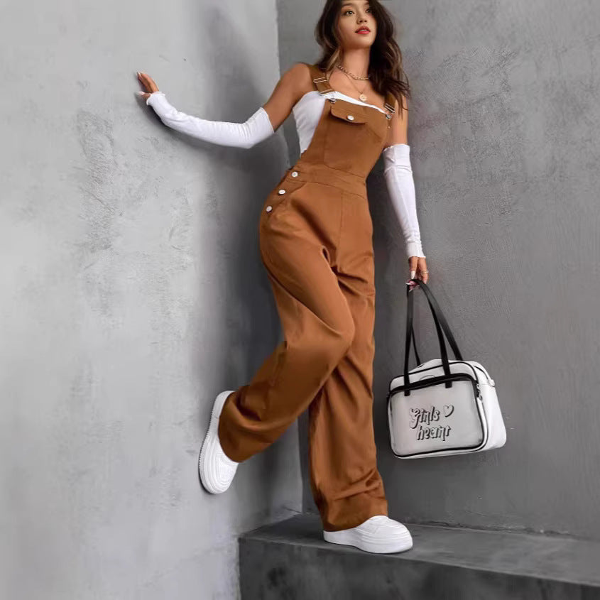 Damen nan weite Latzhose mit seitlichen Zierknöpfen, Brusttasche und weitem Bein Shop Nory