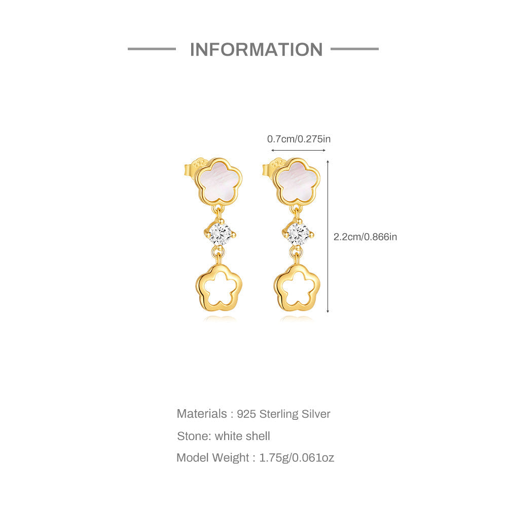 S925 Sterlingsilber Blütenweiße Muschel Verfeinerte Strass Schlüsselbeinghänger Hohlstud Ohrringe Anzug Bester Verkäufer in Schmuck | Shop Nory