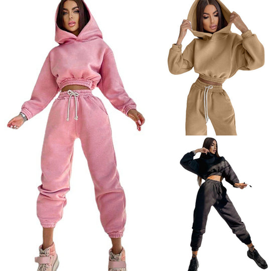 Damen cropped Kapuzen-Sweatset mit elastischem Rippbund und High-Waist Jogginghose Shop Nory
