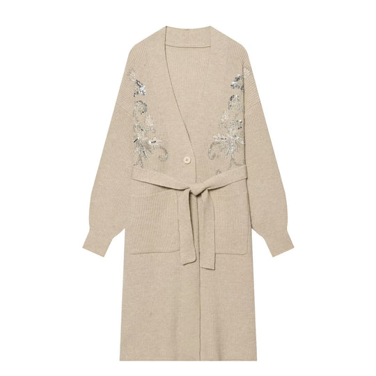 Damen langer Strickcardigan mit Taillengürtel und Paillettenstickerei Shop Nory