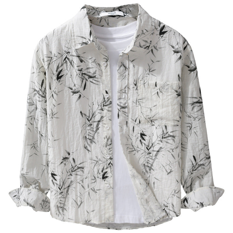 Herren Atmungsaktives Leinen-Baumwoll Hemd mit botanischem Tuschprint und Kentkragen Shop Nory