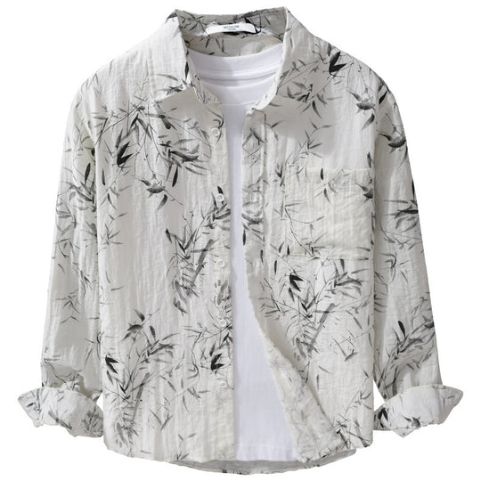 Herren Atmungsaktives Leinen-Baumwoll Hemd mit botanischem Tuschprint und Kentkragen Shop Nory