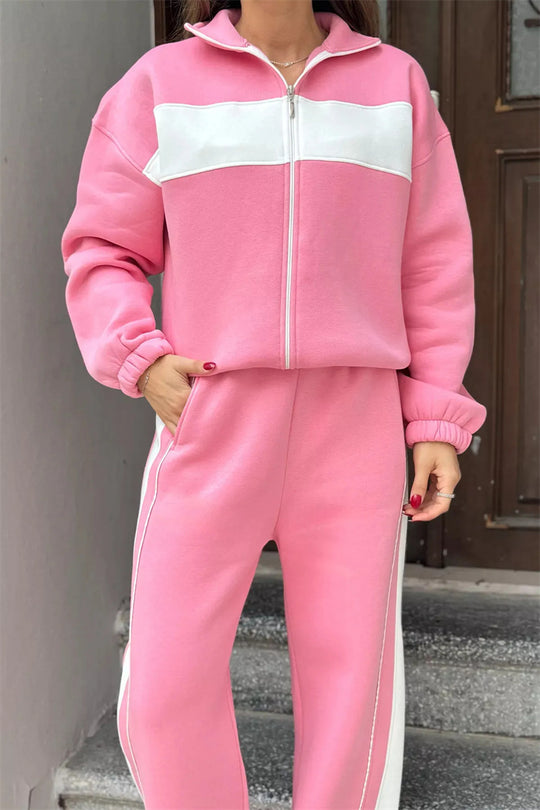 Damen Komfortables Campus-Lounge-Set mit kurzem Reißverschluss-Top und Seitenstreifen-Jogger Shop Nory