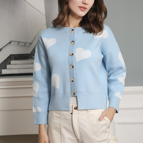 Damen Geknöpfter Oversize-Strickcardigan mit Herz-Jacquard und Perlmuttknöpfen Shop Nory
