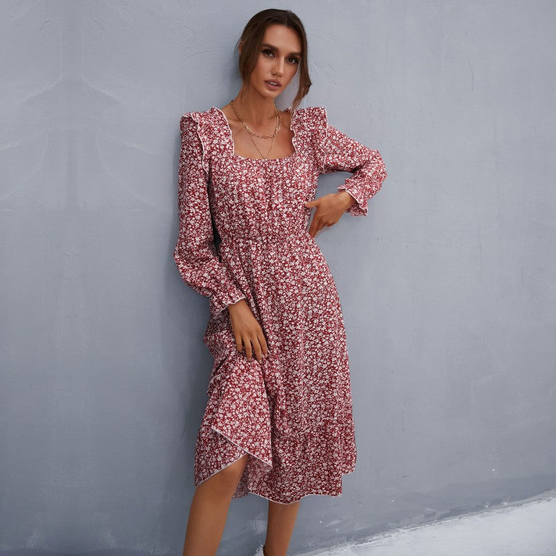 Damen Romantisches Midikleid mit quadratischem Ausschnitt, geraffter Taillenpassform und Stufenvolant Shop Nory