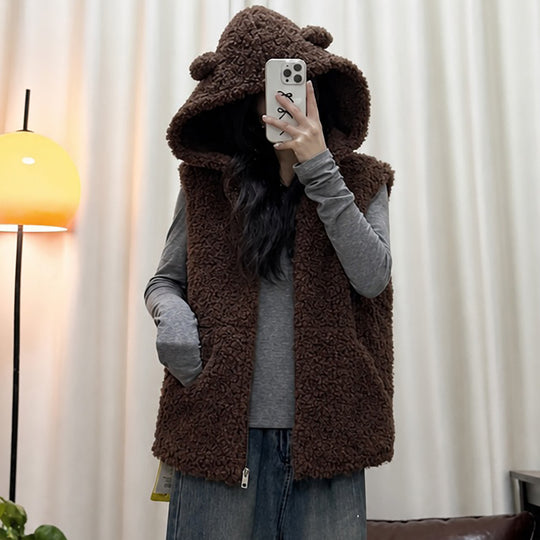 Damen nan kuschelige Teddyweste mit Kapuze und Reißverschluss Shop Nory