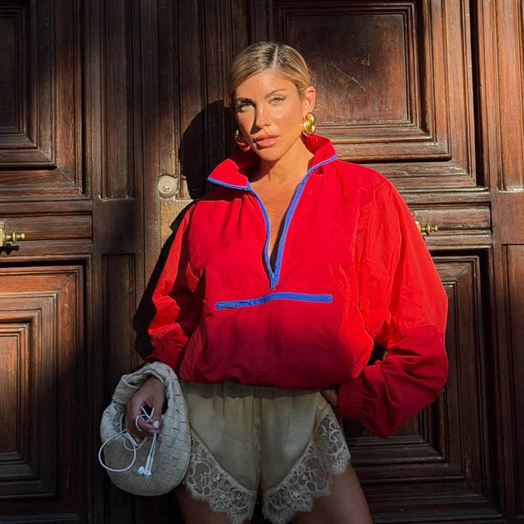 Damen Kurz geschnittene zweifarbige Halbzip-Utility-Jacke mit elastischem Saum und Reißverschlusstasche Shop Nory