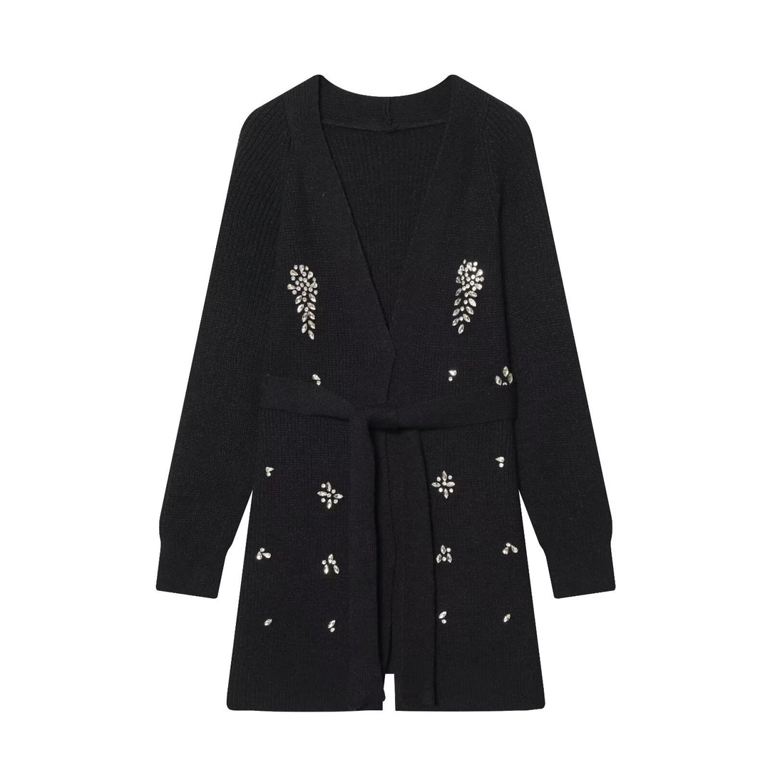 Damen Lange Strickjacke mit Bindegürtel und Schmuckstein-Applikation Shop Nory
