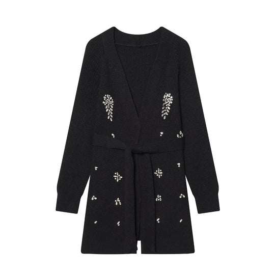 Damen Lange Strickjacke mit Bindegürtel und Schmuckstein-Applikation Shop Nory