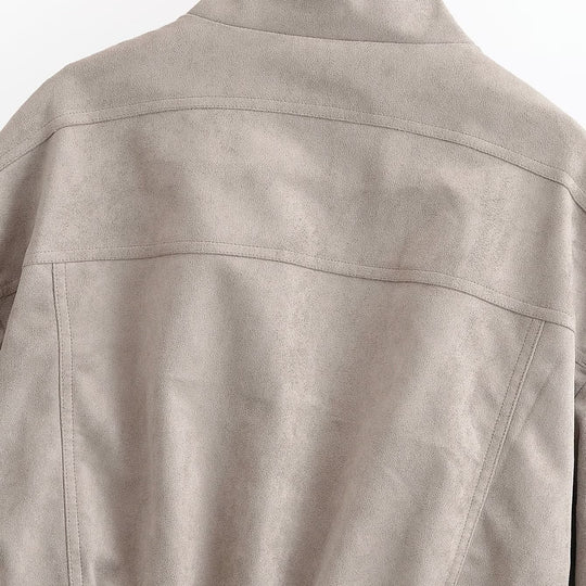 Damen Kurzblouson im Fieldstil aus Veloursleder-Optik mit Stehkragen, Schulterriegeln und breitem Rippbund Shop Nory