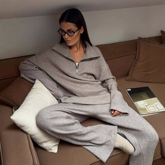 Damen Oversize Strick-Lounge-Set mit halbem Reißverschluss und weitem Bein Shop Nory