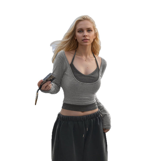 Damen nan gerafftes Layering-Cropped-Top mit integriertem Bustier und feinem Streifenstrick Shop Nory