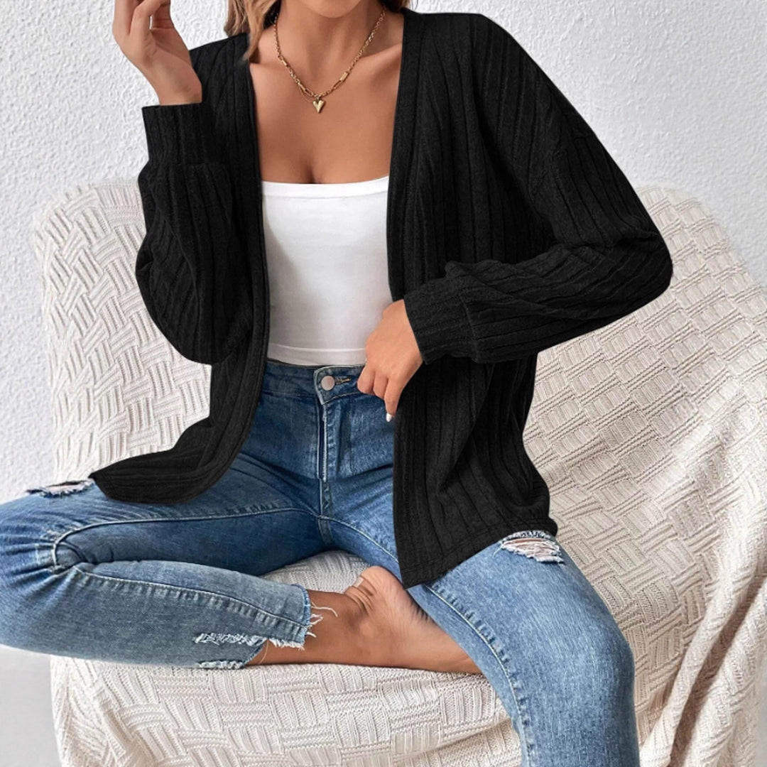 Damen Langer Rippstrick-Cardigan mit Ballonärmeln und offener Front Shop Nory