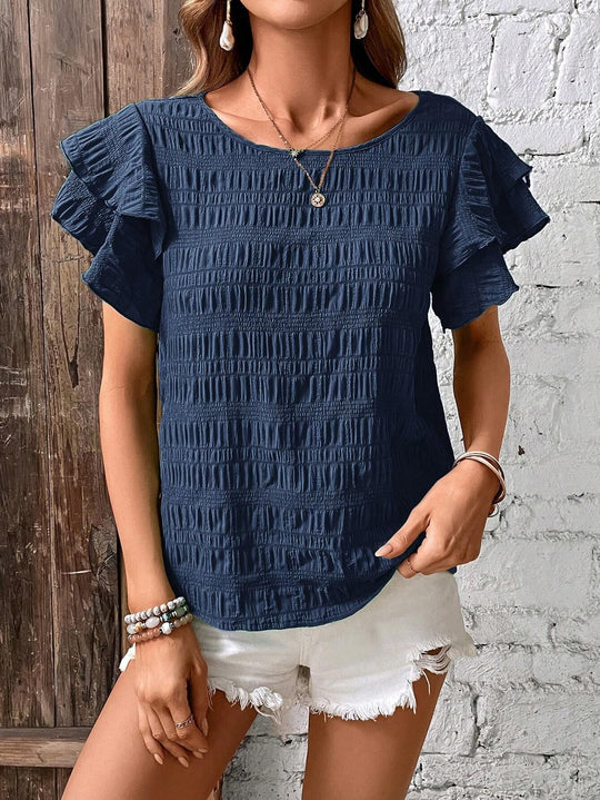 Damen Kurzarm-Bluse mit Smok-Effekt und Volantärmeln Shop Nory