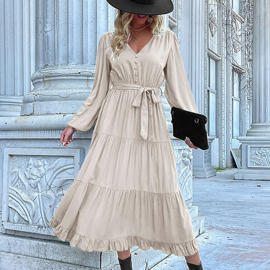 Damen Langes Satin‑Optik Stufenkleid mit V‑Ausschnitt, Bindegürtel und Volantsaum Shop Nory