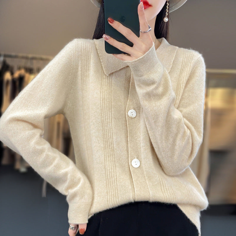 Damen Knopfcardigan mit Hemdkragen und feiner Längsrippenstruktur Shop Nory