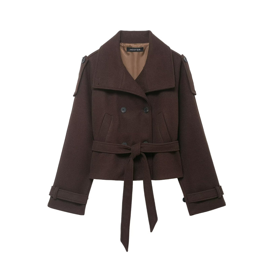 Damen Cropped Wollmix‑Kurzmantel mit hohem Stehkragen, Epauletten und Taillengürtel Shop Nory