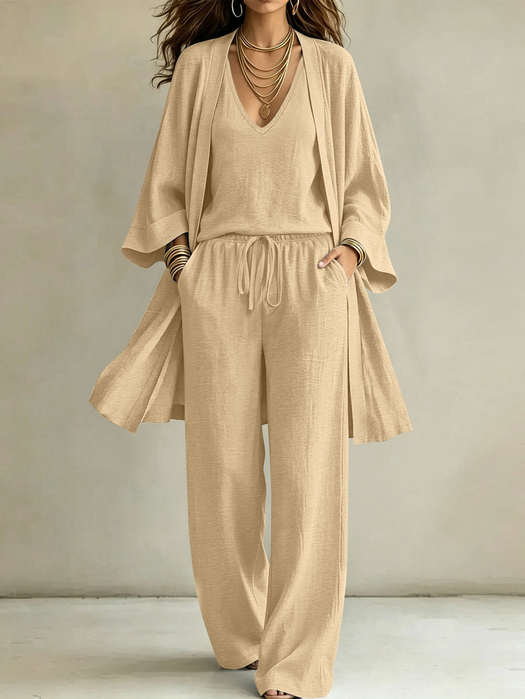 Damen Lässiges Lounge-Set mit Kimono-Cardigan, V‑Ausschnitt-Shirt und weiter Kordelhose Shop Nory