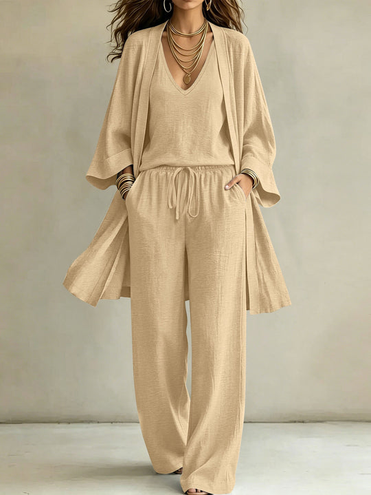 Damen Lässiges Lounge-Set mit Kimono-Cardigan, V‑Ausschnitt-Shirt und weiter Kordelhose Shop Nory