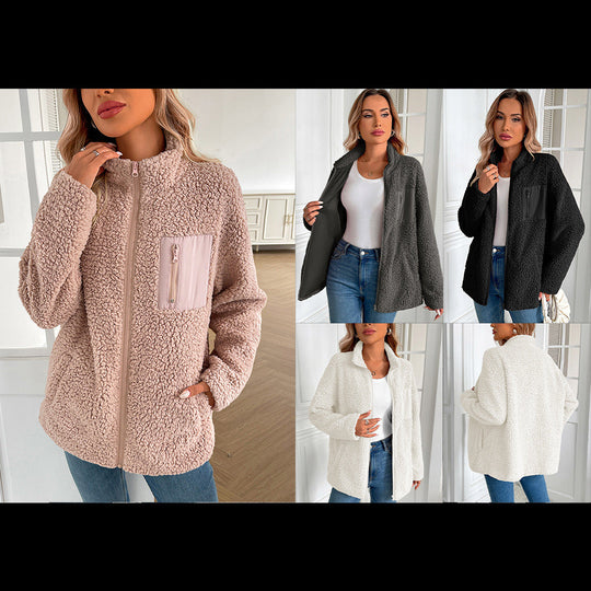 Damen kuschelige Fleecejacke mit hohen Kragen und praktischen Taschen