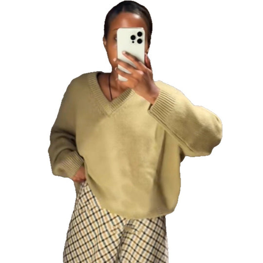 Damen Oversized V-Ausschnitt Strickpullover mit geripptem Saum Shop Nory