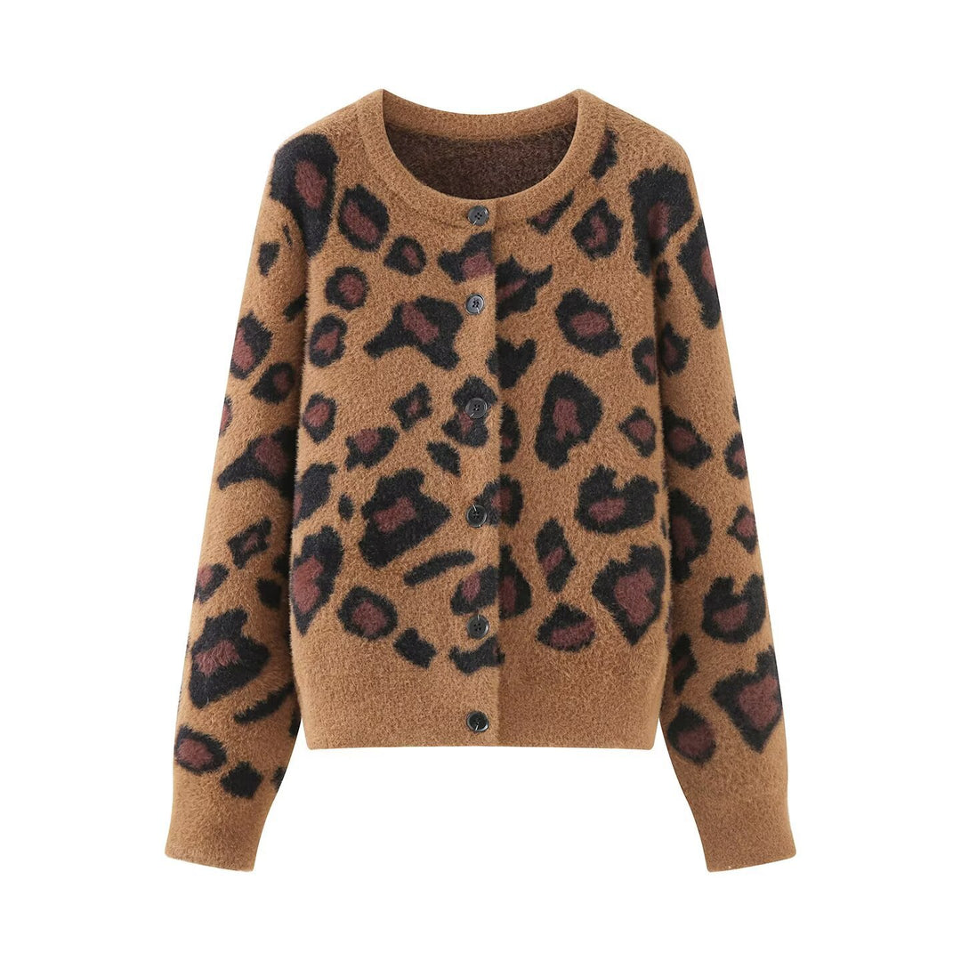Damen Flauschige Strickjacke im Leo‑Print mit Rundhalsausschnitt und Knopfleiste Shop Nory