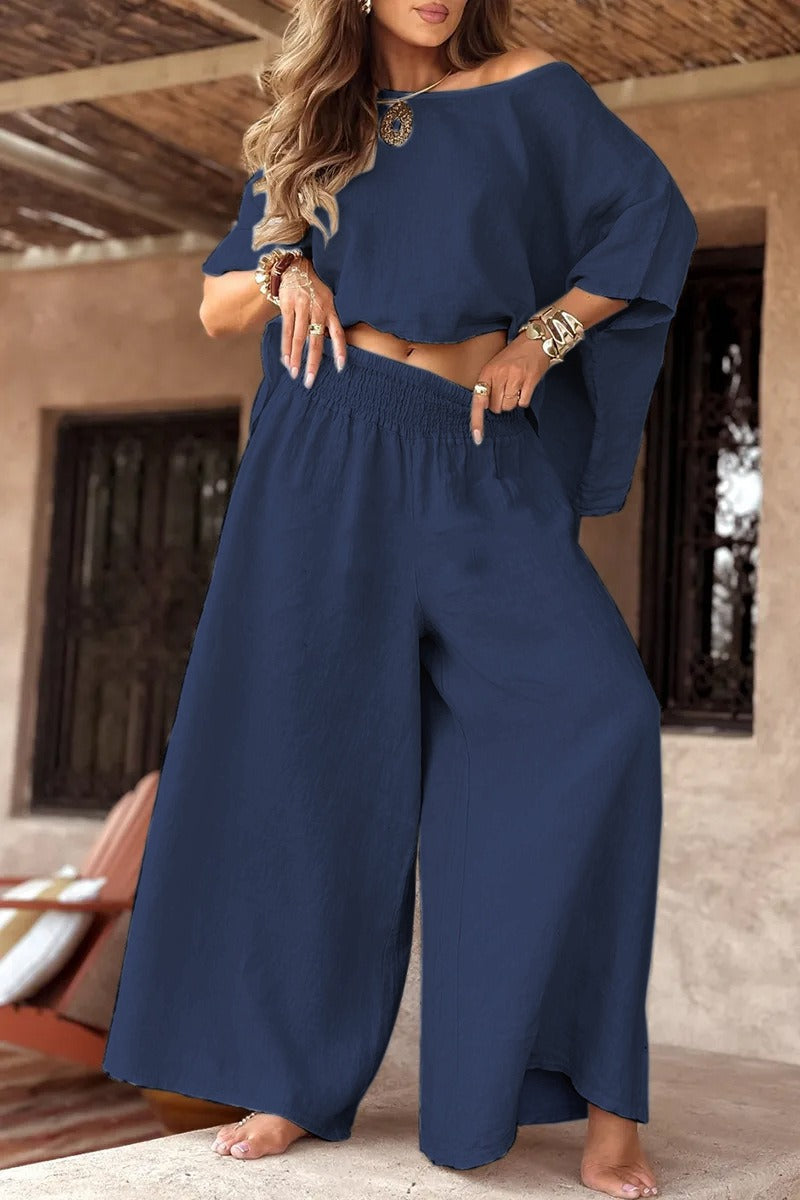 Damen Leinen-Set mit Cropped Oversize-Top und hohem elastischem Bund Palazzohose Shop Nory