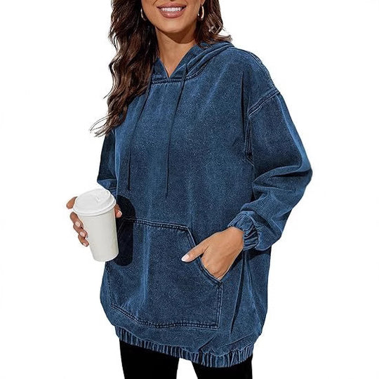Damen Oversize Kapuzenpullover aus verwaschenem Jeansstoff mit Kängurutasche Shop Nory