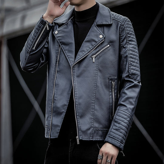 Herren Kunstleder-Bikerjacke mit gesteppter Ärmelpasse, asymmetrischem Reißverschluss und Metallzipper Shop Nory