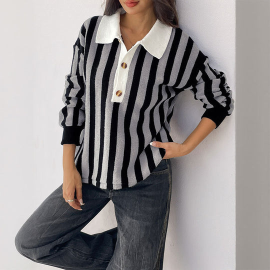 Damen Lässiger gestreifter Strick-Polokragenpullover mit kontrastierter Knopfleiste Shop Nory