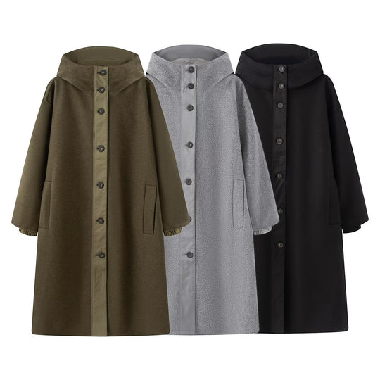 Damen Oversize Wollähnlicher Mantel mit Kapuze und Knopfleiste Shop Nory