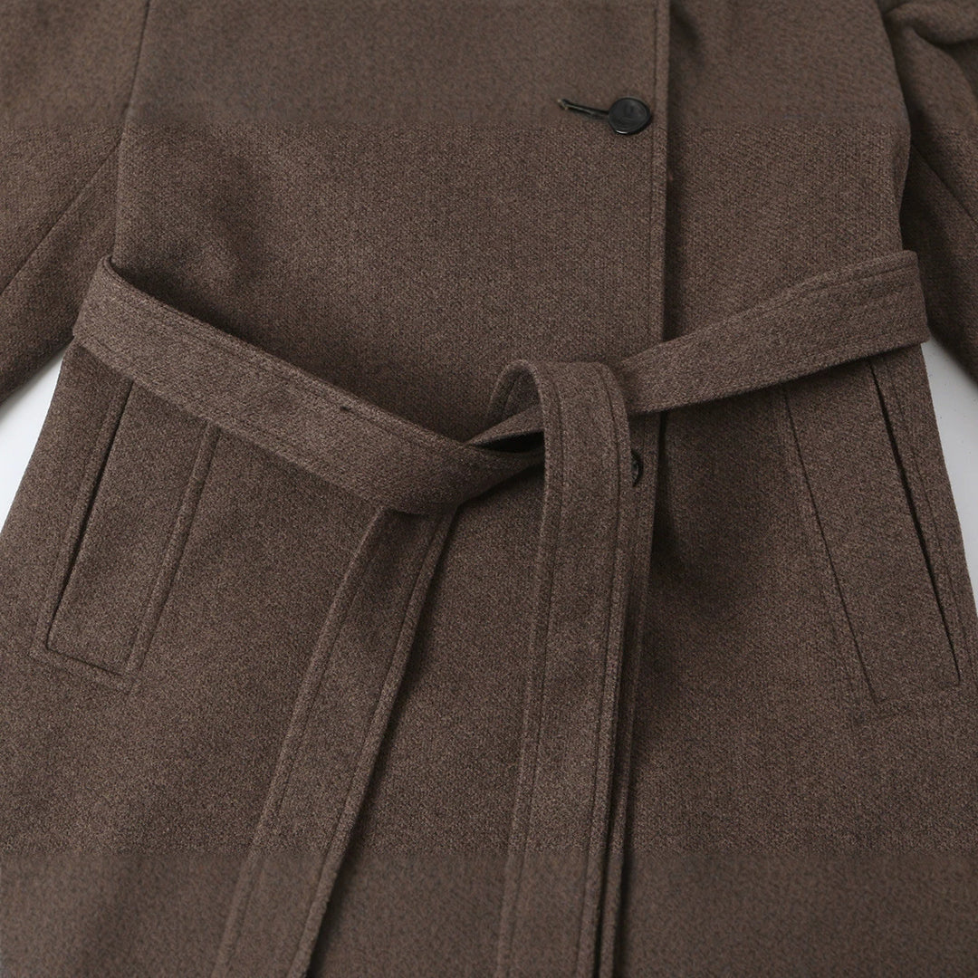 Damen Wollmantel mit Stehkragen, Bindegürtel und asymmetrischer Knopfleiste Shop Nory