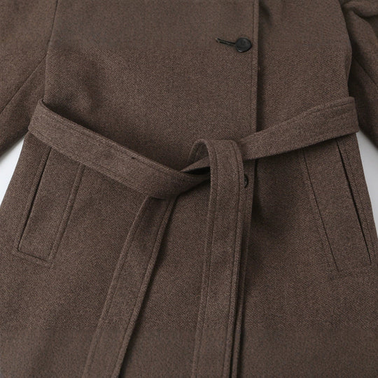 Damen Wollmantel mit Stehkragen, Bindegürtel und asymmetrischer Knopfleiste Shop Nory