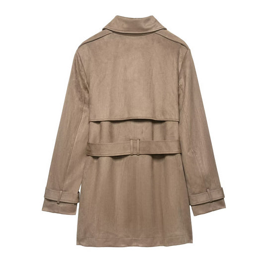 Damen Doppelreihiger Wildlederoptik-Trenchcoat mit Taillengürtel Shop Nory