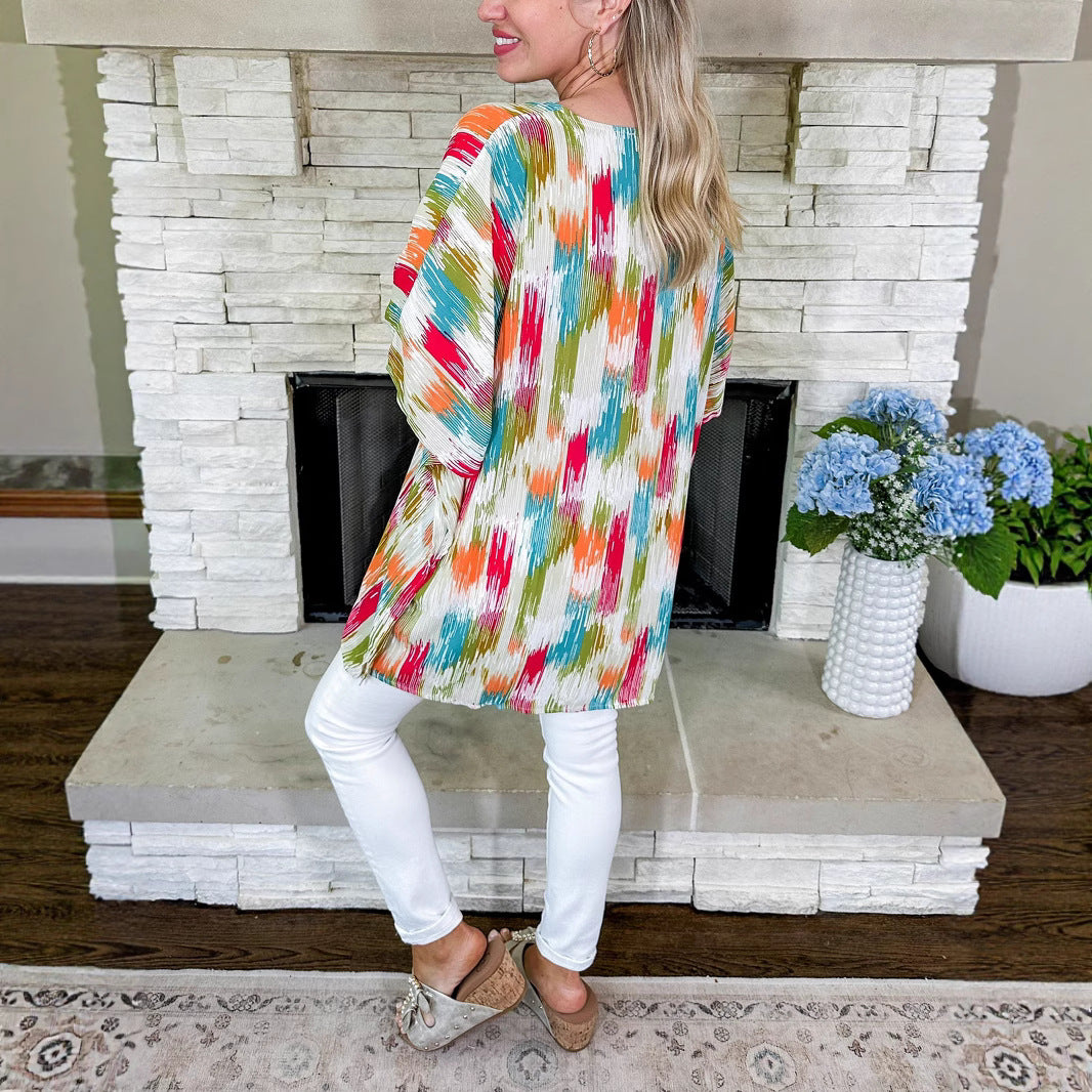 Damen Oversized V‑Neck Tunika im Plissee‑Look mit abstraktem Ikat‑Print Shop Nory