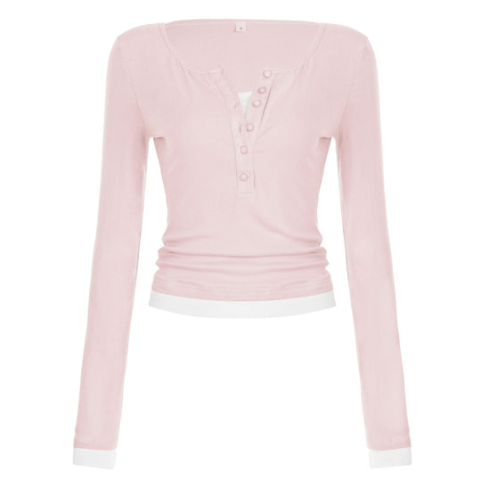 Damen nan tailliertes Henley-Crop-Longsleeve mit kontrastierenden Saum- und Ärmelbündchen Shop Nory