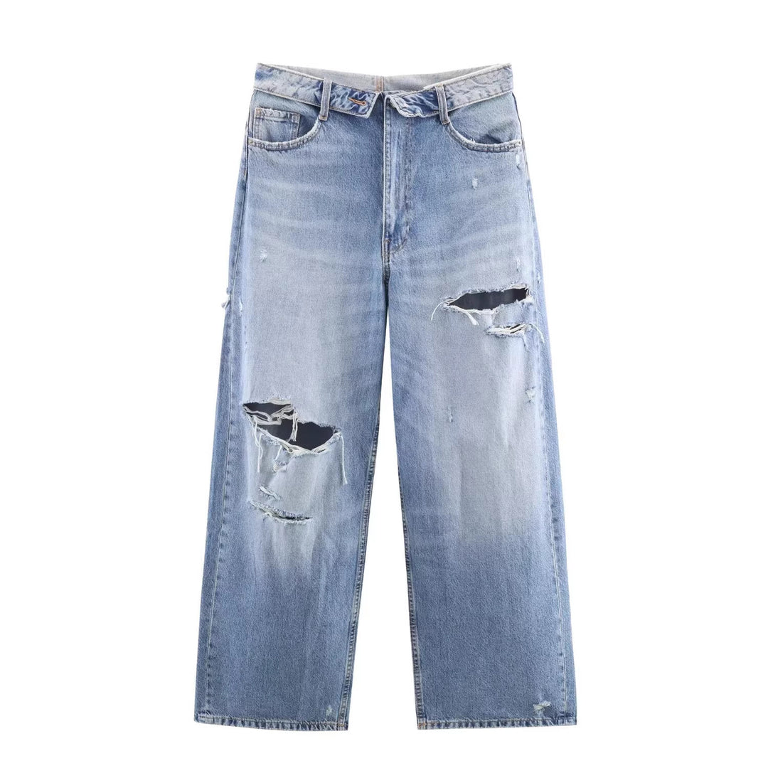 Damen Weite Destroyed-Jeans mit hoher Taille und geradem Bein Shop Nory